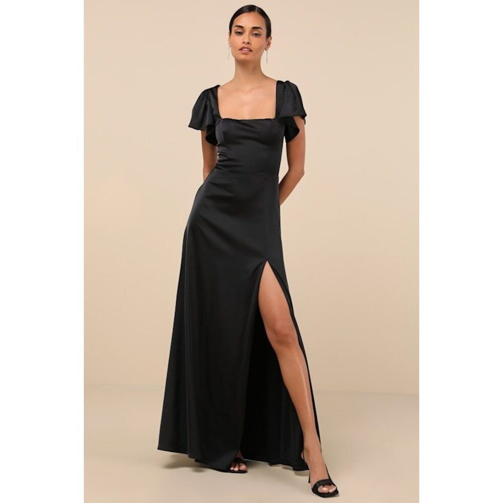 Lulus Ultimate Sweetness Black Satin Flutter Sleeve Maxi Dress - Size M